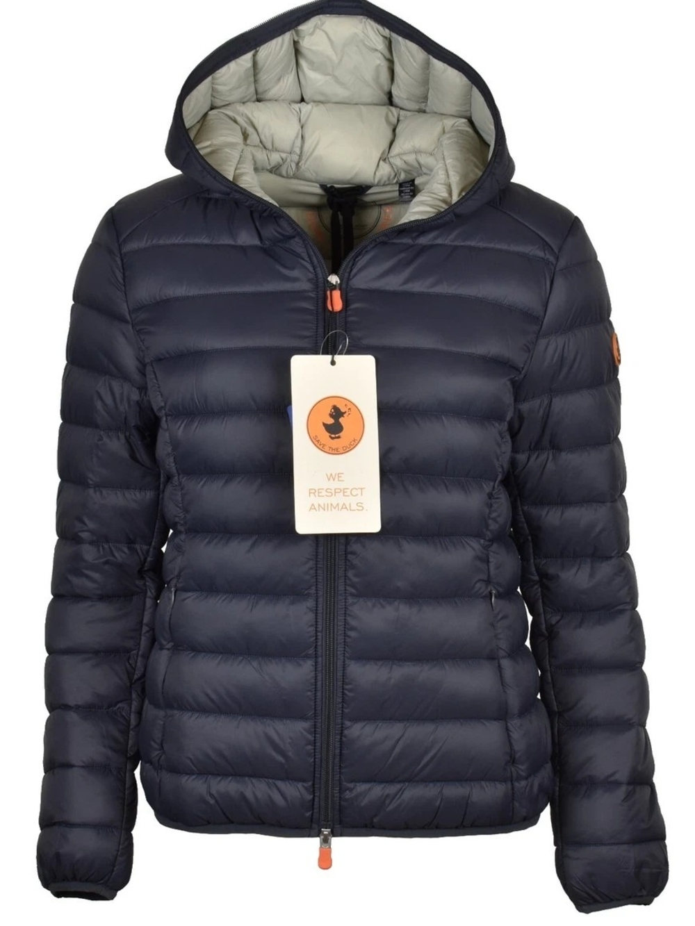 SAVE THE DUCK Navy Hooded Quilted Puffer Jacket with Light Gray Lining